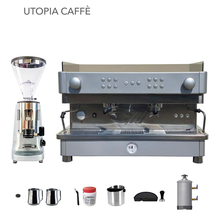 Refurbished 2 Group La San Marco Espresso Machine, Mazzer Doser Coffee Grinder & Accessories Combo